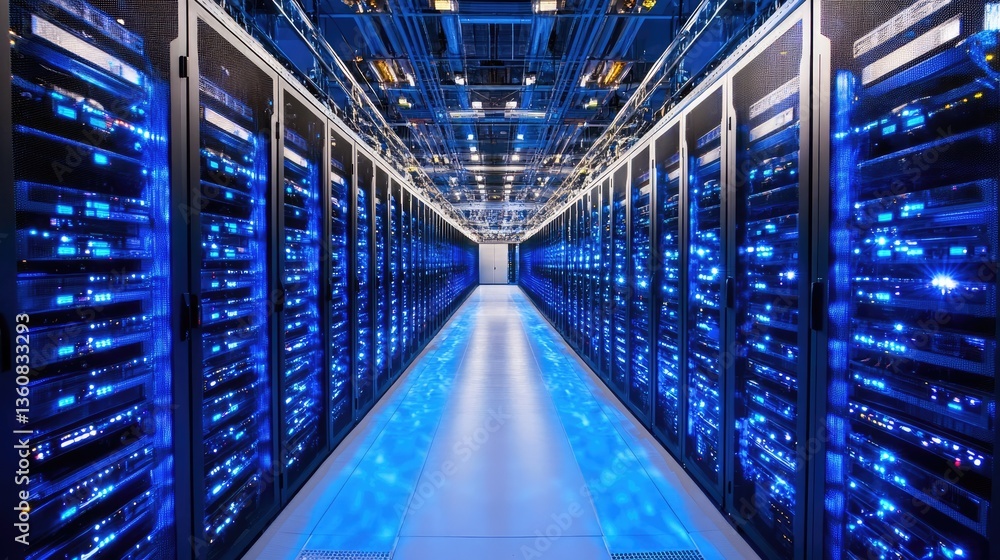 Poster a modern data center with rows of illuminated servers, showcasing advanced technology and efficient 