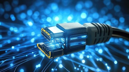 Close-up view of a high-tech USB connector glowing with blue light, surrounded by digital data streams in a futuristic setting