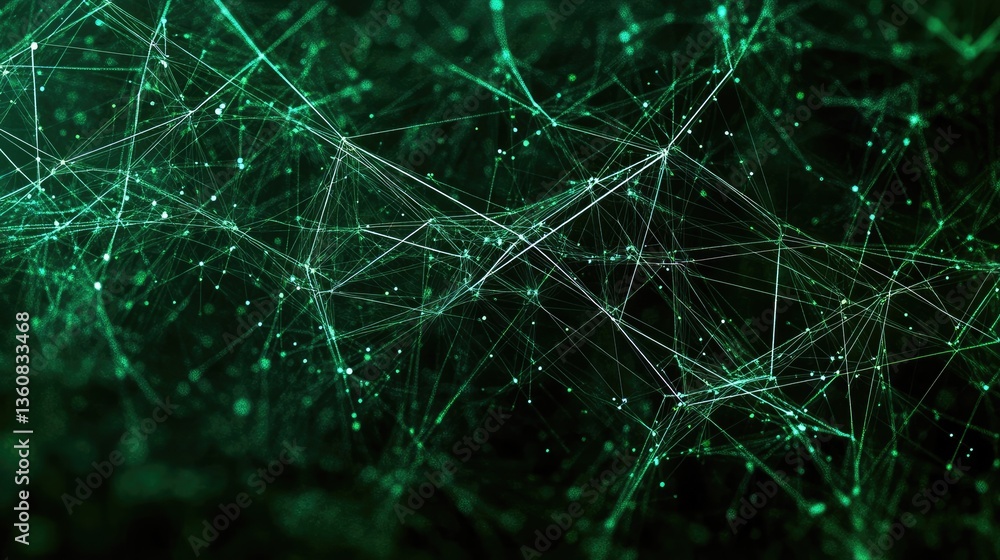 Poster abstract green digital network with interconnected lines and dots, creating a futuristic technology 