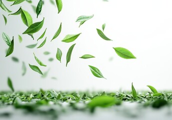 Fresh Green Leaves Floating in Air Above Ground, Capturing the Essence of Nature's Beauty and Serenity in a Peaceful, Lush Environment