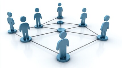 Abstract representation of social connections among people with blue figures and connecting lines on a white background