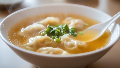 Delicious wonton soup presented in a white bowl with delicate cilantro garnish