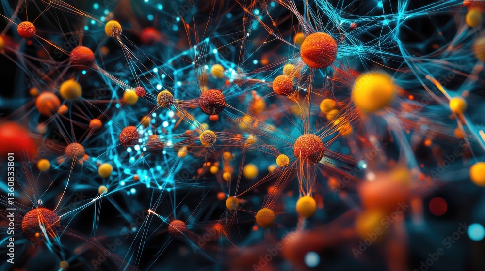 Poster abstract representation of interconnected particles and energy flows in a vibrant, digital environme