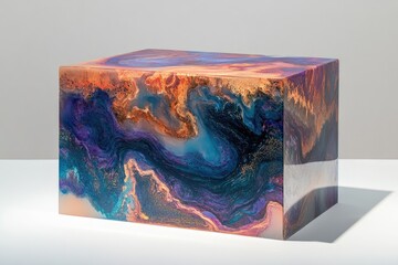 A cube of resin art, showcasing swirling blues, purples, and oranges, resembling a cosmic landscape.