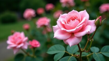 pink roses close-up in the garden. gardening, floriculture, rose blooming