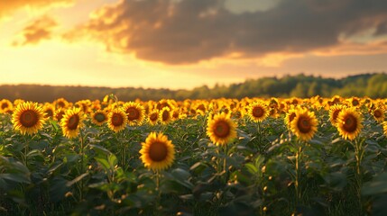 Fototapeta premium A golden field of sunflowers flourishes under a beautiful sunset sky