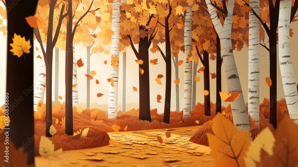 Poster layered paper cut autumn forest with golden leaves creating a cozy atmosphere during a serene fall d