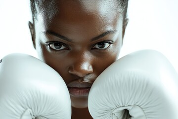 Close-up portrait of a determined female boxer, face partially obscured by white boxing gloves.