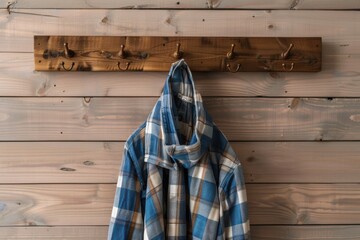 Cozy flannel coat hanging on wooden hooks in a rustic interior setting