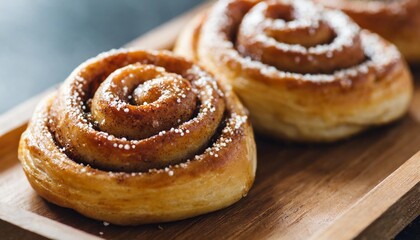 Flaky Cinnamon Twists with Sugar Glaze Shot Close-Up on Wooden Tray in Soft Morning Bakery Light