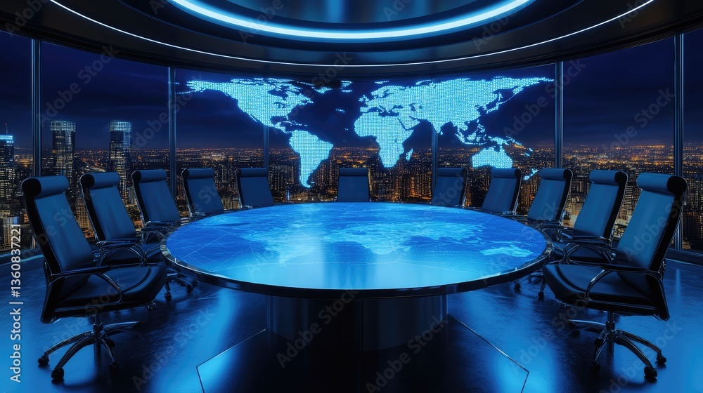 Poster modern conference room with a circular table and a digital world map backdrop, showcasing a vibrant 