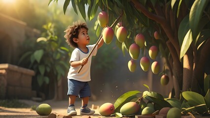 Curly-Haired Child Harvesting Mangoes in a Lush Backyard