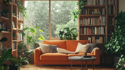 Cozy living room with an orange couch, surrounded by bookshelves and lush plants, as rain falls outside