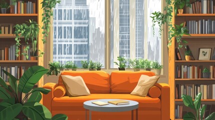 Cozy living room with an orange sofa, surrounded by bookshelves and plants, rain falling outside the window