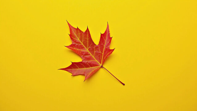 Vibrant red maple leaf on a bright yellow background creating a striking autumn contrast.