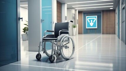Empty wheelchair in a modern hospital corridor with directional signage.