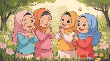 Heartwarming Illustration of Happy Muslim Childs in Nature  Hijab, Friendship & Joy