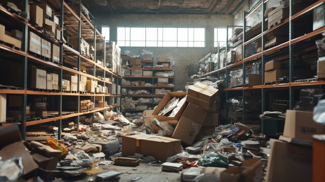 Disorganized warehouse filled with scattered boxes and trash, showcasing cluttered storage environment