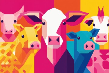 Minimalist geometric illustration featuring cows, pigs, and chickens in a vibrant color palette Generative AI