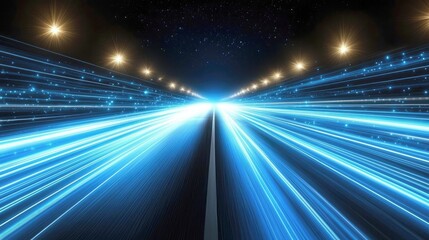 Fototapeta premium Futuristic Highway: A Journey Through Light and Speed. Neon Blue Light Trails on a Dark Night Road.
