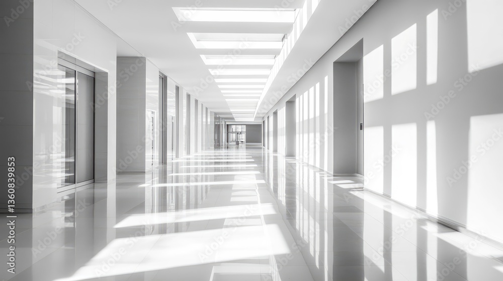 Poster modern minimalist corridor with natural light streaming through skylights, creating dynamic shadows 