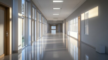 Bright and spacious modern hallway in a contemporary building, showcasing natural light and minimalist design
