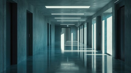 Modern hallway with sleek design, illuminated by natural light, showcasing minimalist architecture and reflections