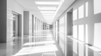 Modern minimalist corridor with natural light streaming through skylights, creating dynamic shadows on the floor