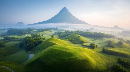 Misty mountaintop overlooking a lush green golf course