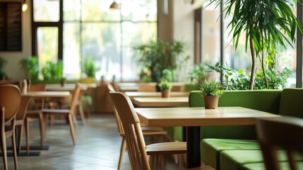 Cozy café interior with wooden tables and green seating, surrounded by plants and natural light streaming in