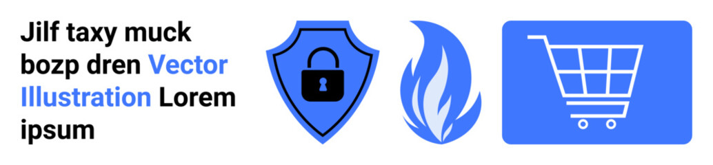 Shield with locked padlock for cybersecurity, flame symbol hinting fire risk, shopping cart for commerce. Ideal for security, risk management, e-commerce, technology, shopping, business simple