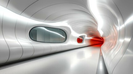 Fototapeta premium Futuristic White Tunnel: A Modern Architectural Masterpiece. Sleek lines, smooth curves, and a vibrant red glow create an otherworldly atmosphere.