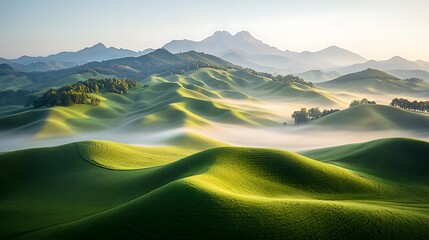 Misty Sunrise Over Rolling Hills