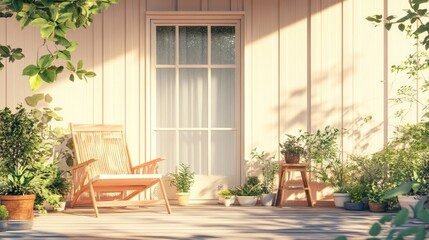 Cozy porch adorned with greenery, featuring a wooden chair and potted plants, bathed in soft sunlight