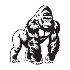 Strong Gorilla Illustration, Powerful Animal in Black and White, Digital Animal Art