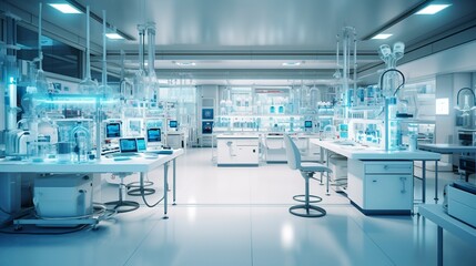 Modern laboratory interior with technological equipment and blue lighting.