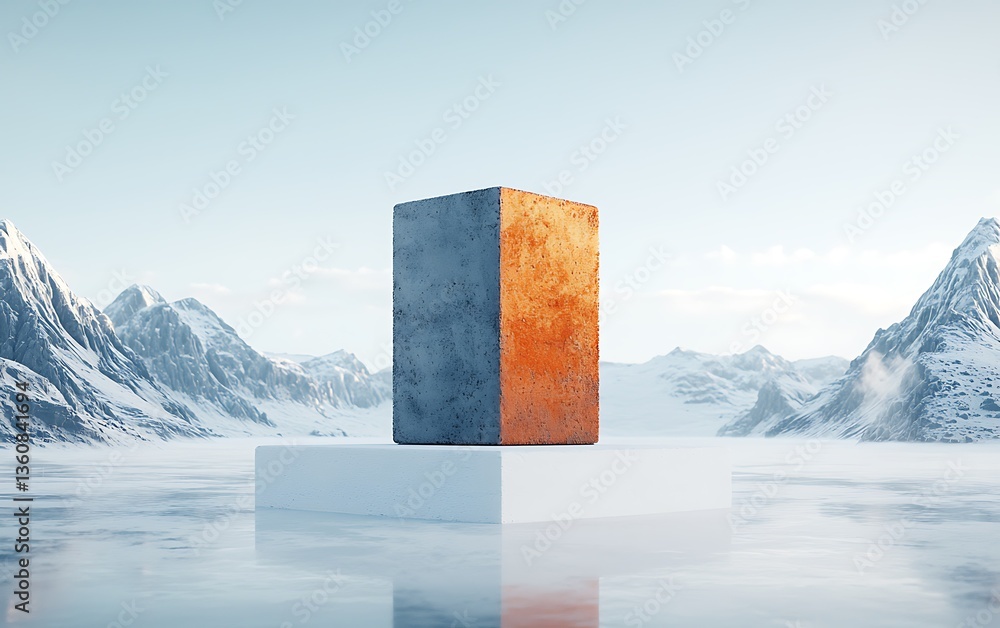 Poster Modern abstract block on a platform in a snowy mountain landscape