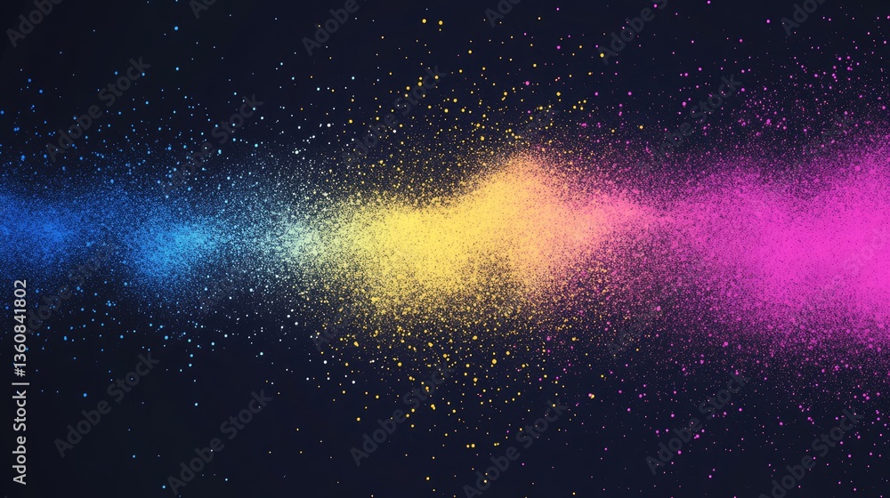 Poster vibrant abstract design showcasing colorful particles in a cosmic wave pattern against a dark backgr