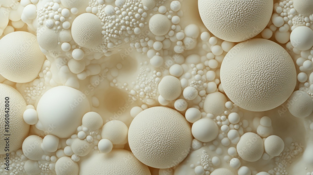 Poster abstract close-up of textured spheres and bubbles in soft beige tones, creating a visually calming b