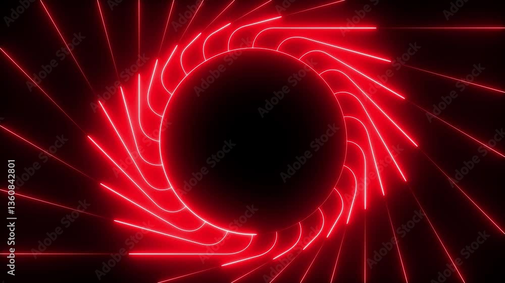 Poster bright neon red circle frame technology background with glowing stripes. seamless loop. 4k footage .