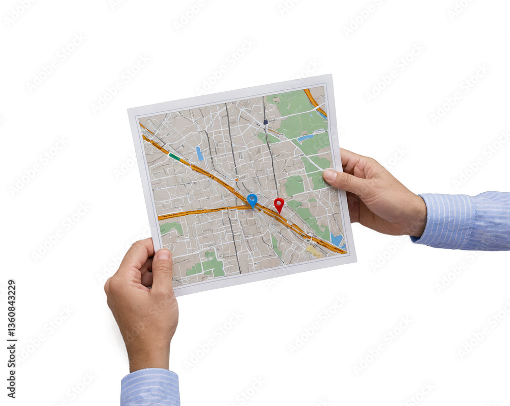 Poster navigating urban landscapes, hands holding a detailed city map with location markers emphasizing exp