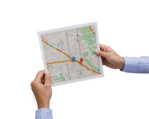 Navigating Urban Landscapes, Hands Holding a Detailed City Map with Location Markers Emphasizing Exploration and Geolocation in a Stylized Cartographic Representation for Wayfinding