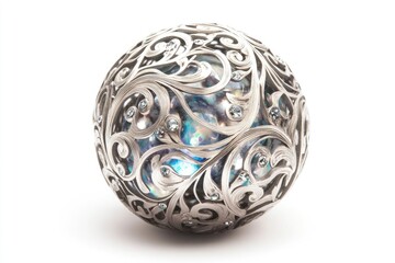 Intricate silver filigree sphere encasing iridescent gemstone, adorned with sparkling crystals.