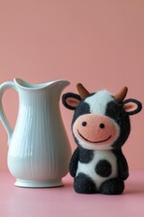 Vintage milk pitcher and charming wool cow on a soft pink background