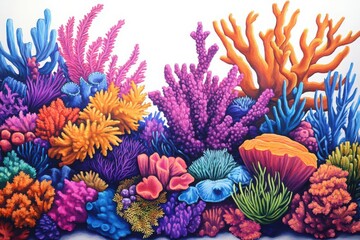 Illustrate a colorful coral reef featuring a variety of bright hues such as orange blue purple and pink 