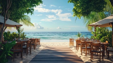 Serene beachside dining setup with wooden tables and chairs overlooking the calm ocean under a clear sky