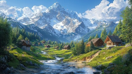 Idyllic mountain village nestled in alpine valley.