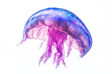 A mesmerizing purple and blue jellyfish floats gracefully against a white background, showcasing its intricate details and vibrant colors.