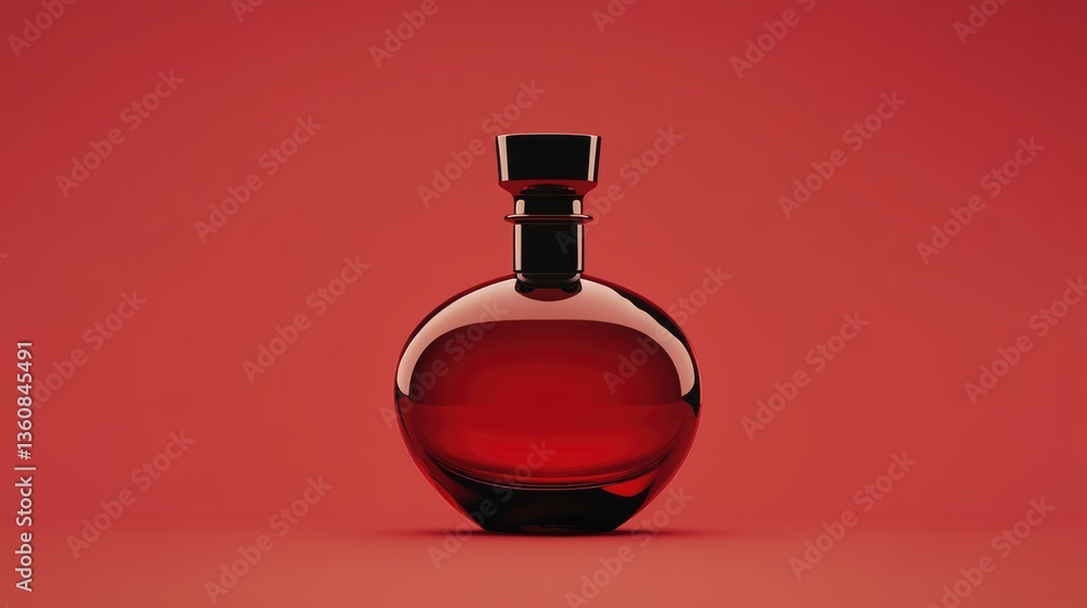 Poster elegant red glass bottle on a smooth red background, showcasing its shape and color for product disp