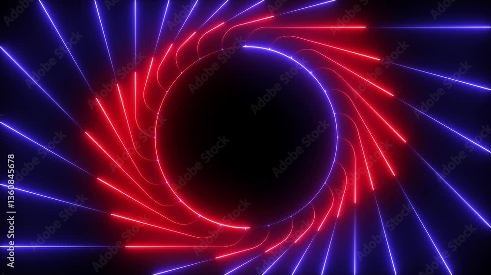 Poster bright neon blue circle frame technology background with glowing stripes. seamless loop. 4k footage 